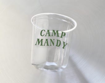 Custom Retro Camp Bach Party Cups, Personalized Disposable Plastic Cups, Forest Green Party Favors, Summer Birthday Event Supplies
