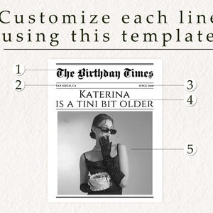 May include: A black and white newspaper-style birthday card with the headline "The Birthday Times" and the text "KATERINA IS A TINI BIT OLDER". A black and white photo of a woman wearing a black dress and sunglasses is in the center of the card.