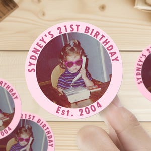 Custom 21st Photo Stickers, Twenty First Birthday Sticker, Personalized Stickers for Birthday Party, Baby Shower, Bachelorette, Bach Trip