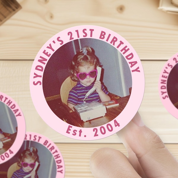 Custom 21st Photo Stickers, Twenty First Birthday Sticker, Personalized Stickers for Birthday Party, Baby Shower, Bachelorette, Bach Trip