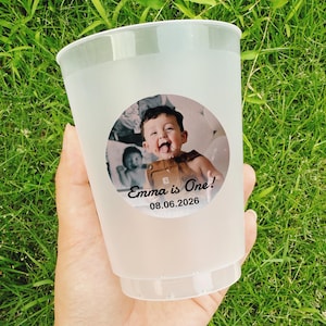 Custom Cups/1st Birthday Decorations/Personalized 30th Birthday Party Cups/Custom Party Frosted Cups/Baby Picture Cups/Birthday Party Decor