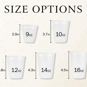 May include: White disposable cups in various sizes are displayed, with the text "SIZE OPTIONS" at the top. The cups range from 9oz to 16oz, with corresponding heights from 2.9 inches to 4.5 inches. The image provides a clear size comparison.