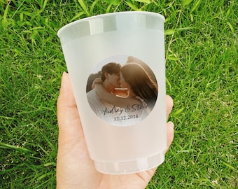 Custom Photo Wedding Frosted Cups/Wedding Party Decor/Custom Wedding Reception Bar Cups/Personalized Shatterproof Cup/Engagement Party Cup