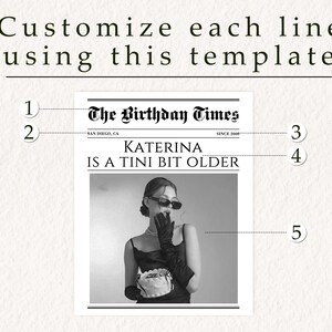 May include: A black and white newspaper-style birthday card with the headline "The Birthday Times" and the text "KATERINA IS A TINI BIT OLDER". A black and white photo of a woman wearing a black dress and sunglasses is in the center of the card.