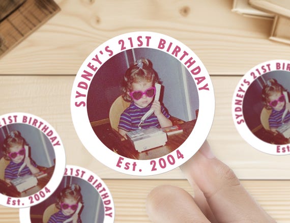 Custom 21st Photo Stickers, Twenty First Birthday Sticker, Personalized Stickers for Birthday Party, Baby Shower, Bachelorette, Bach Trip