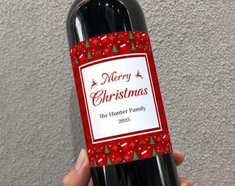 Personalized Merry Christmas Wine Labels – Custom Holiday Sticker – Gift for Host – Festive Bottle Label for Party or Wedding