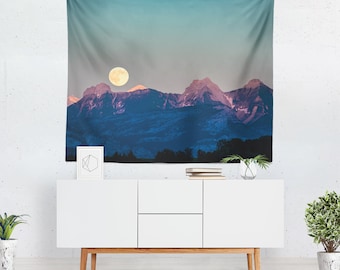 Mountains and Full Moon Tapestry, Scenic Sky Photo Wall Art Hanging