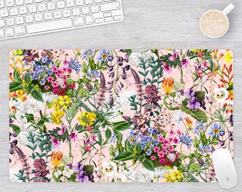 Pink Floral Botanical Desk Mat, Large Feminine Office Desk Pad