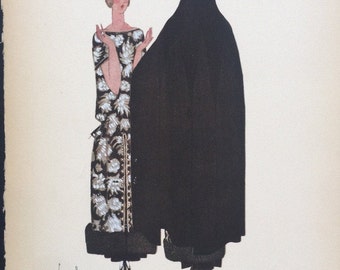 May include: A black and white illustration of a woman wearing a black and white patterned dress and a black cape. The text "LA CAPE ADMIRABLE" is below the image. The text "ROBE ET MANTEAU, POUR L'APRÈS-MIDI, DE MARTIAL ET ARMAND" is below the text "LA CAPE ADMIRABLE". The text "N° 9 de La Gazette" is in the bottom left corner of the image. The text "Année 1922. Planche 64" is in the bottom right corner of the image.
