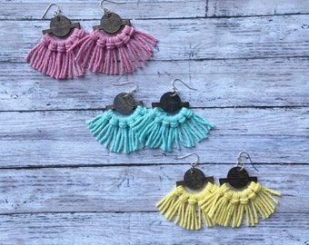 Cotton Macrame and Wood Dangle Earrings. Womens fashion, perfect gift. Summer trend.