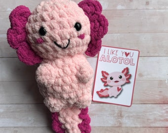 Crochet Axolotl Valentine gift for kids I like you an axolotl my Valentine amigurumi plush stuffed animal toy school party be mine 9”