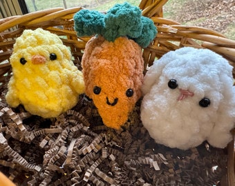 Mini Crochet Easter Bundle 3 pieces included gift for Easter basket chick bunny and carrot amigurumi plushie for best friends approx. 3”