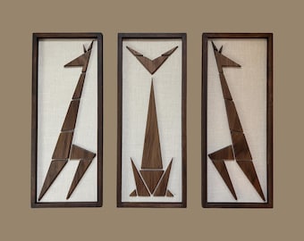 Mid-century modern Cat and Giraffes Triptych Wall Art Set