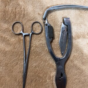 May include: Two silver metal tools, one is a pair of forceps and the other is a pair of pliers with a small knife attached to the side.