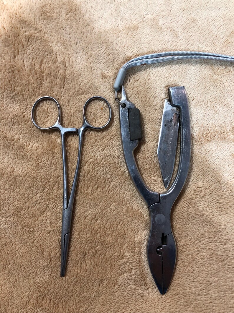 May include: Two silver metal tools, one is a pair of forceps and the other is a pair of pliers with a small knife attached to the side.