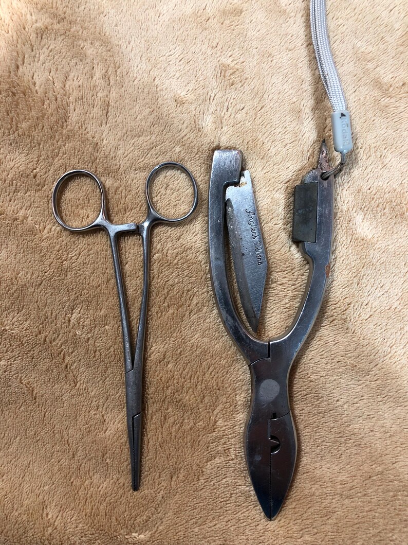 May include: Two silver metal tools, one is a pair of forceps with a pointed tip and the other is a pair of pliers with a small knife inside. The pliers have a loop at the top for attaching a lanyard.