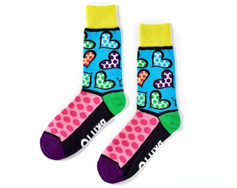 Romero Britto Women’s Woven Crew Socks: Hearts & Pink Dots ** NEW **