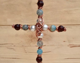 Christian Hanging Cross/Desktop Cross/Copper Cross/Decorative Cross /Get Well Gift/Christian Gift/Pearl Cross/Religious Gift/Hanging Cross