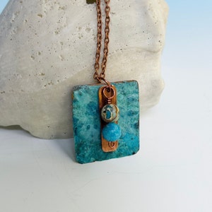Turquoise Patina Copper Pendant Necklace/Jasper Beaded Necklace/Rustic Blue Necklace/Unique Patterned Necklace