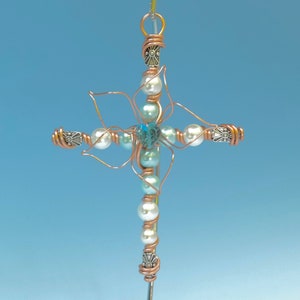 Personalized Copper Wire Cross with Pearlized Beads & Turquoise Flower