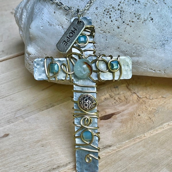 Beaded Cross Necklace/Decorative Cross Necklace /Christian Gift/Unique Cross /Silver Cross Necklace/Religious Gift/Large Cross Necklace