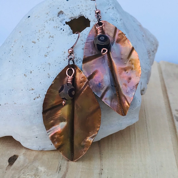 Copper Leaf Earrings/Flame Painted Copper Earrings/Beaded Leaf Earrings/Unique Earrings//Colorful Earrings Leaf Earrings