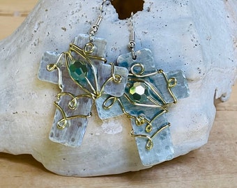 Silver and Gold Cross Earrings/Beaded Cross Earrings/Religious Gift/Christian Gift/Lightweight Earrings/Small Cross/Youth Pastor Gift