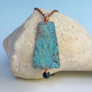 Ocean Blue Turquoise Patina Copper Pendant Necklace/Jasper Beaded Necklace/Rustic Blue Necklace/Unique Patterned Necklace