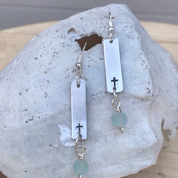 Sea Glass Cross Earrings/Cross Earrings/Religious Gift/Christian Gift/Light Weight Silver Earrings/Small Cross Earrings/Youth Pastor Gift