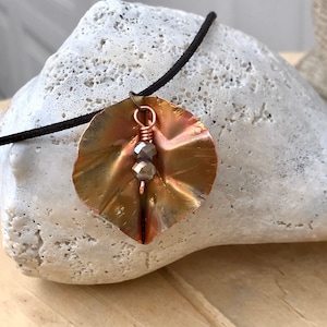 Leaf Necklace/Copper Leaf Pendant/Flame Painted Leaf Necklace/ Copper Necklace/ Faceted Crystal Bead Necklace/ Leather leaf necklace