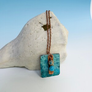 Turquoise Patina Copper Pendant Necklace/Jasper Beaded Necklace/Rustic Blue Necklace/Unique Patterned Necklace