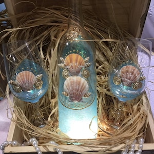 Nautical sea shell beach handpainted wedding decorated wine bottle with matching wine glasses gift set