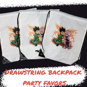 May include: Three white drawstring backpacks with a printed image of two anime characters. The characters are sitting on a grassy hill with a sunset in the background. The text "DRAWSTRING BACKPACK PARTY FAVORS" is printed below the image.