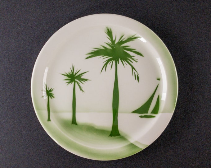Vintage Stencil Airbrush Green Sailboat Palm Oasis Beach Pattern 9" Plate Restaurant Ware By Jackson China 1940s