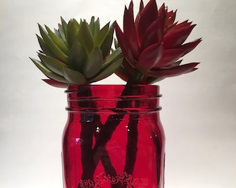 Red Jardin Mason Jar with faux flowers