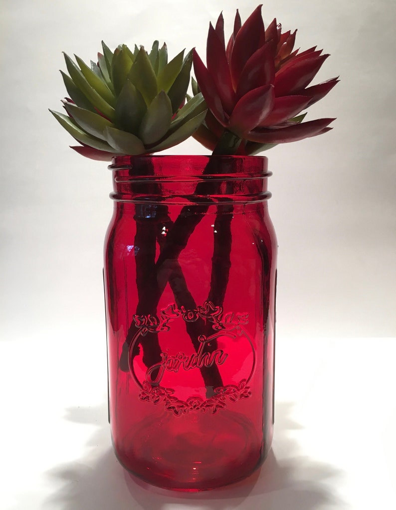 Red Jardin Mason Jar With Faux Flowers Etsy