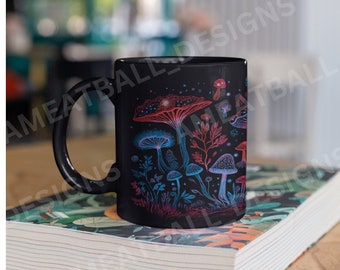 Bioluminescent Mushroom Coffee Mug – Hand-Drawn Fungi Design