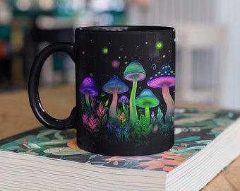 Neon Mushroom Coffee Mug – Bioluminescent Fungi, Nature Magic