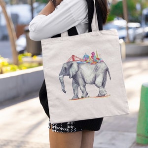 Elephant San Francisco Cotton Canvas Tote Bag | Original Watercolor Elephant Carrying San Francisco Skyline | Elephant Lover | Elephant Gift