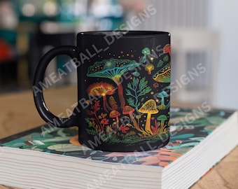 Psychedelische Pilz-Wald-Tasse | Schwarze Keramik Kaffeetasse
