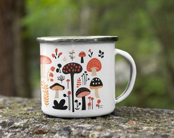 Taza de esmalte con diseño de setas caprichosas / Taza de camping con hongos del bosque