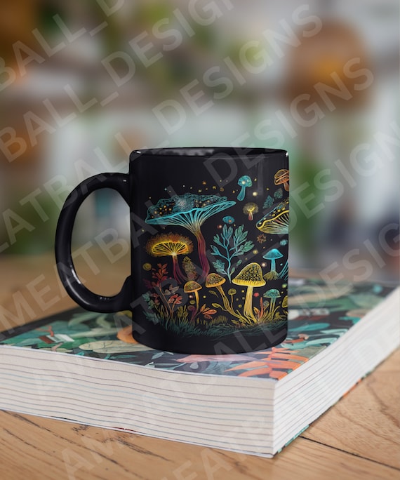 Bioluminescent Mushroom Mug – Hand-Drawn Fungi Design