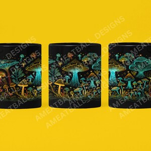 May include: A black ceramic mug with a colorful mushroom design. The mushrooms are outlined in black and filled with shades of blue, green, yellow, and orange. The mug has a white interior and a black handle.
