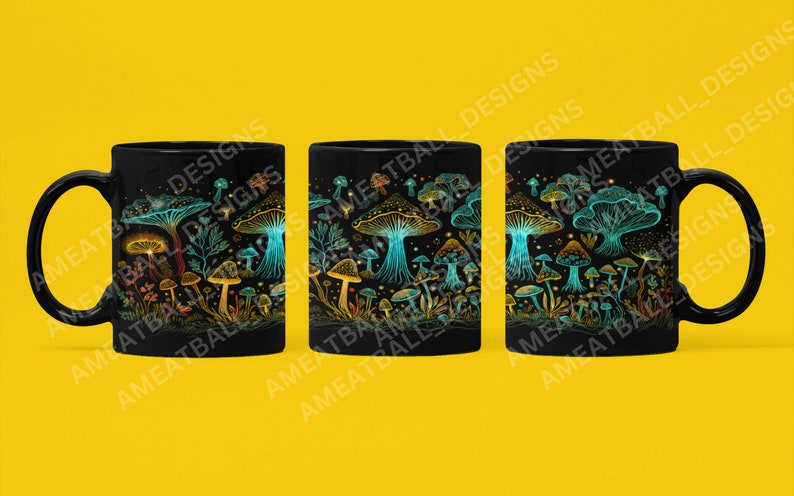 May include: A black ceramic mug with a colorful mushroom design. The mushrooms are outlined in black and filled with shades of blue, green, yellow, and orange. The mug has a white interior and a black handle.