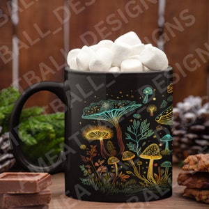May include: Black ceramic mug with a colorful mushroom design. The mug is filled with white marshmallows and is sitting on a wooden surface.