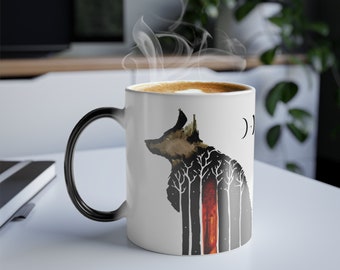 Watercolor Wolf Color Changing Mug, Celestial Moon Phases, Hand-Drawn Wolf Lover Gift