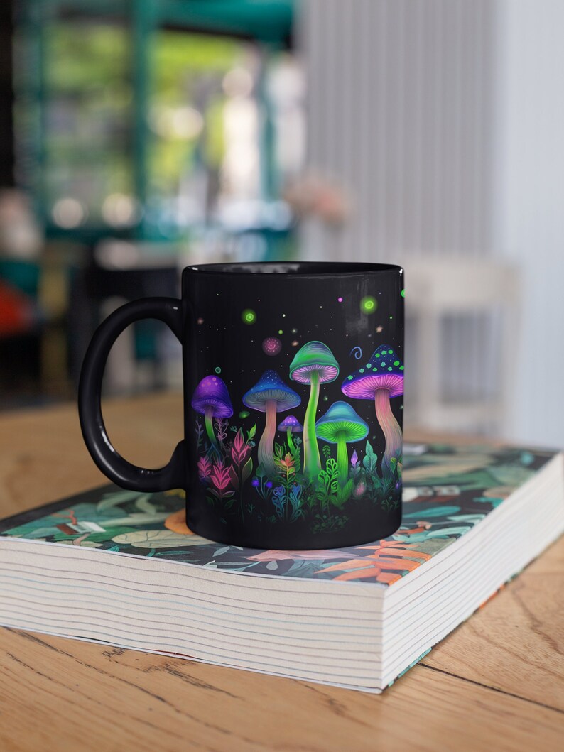 neon magical bioluminescent mushroom mug
