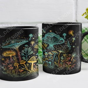 May include: Two black ceramic mugs with a design of colorful mushrooms and glowing stars on a black background.