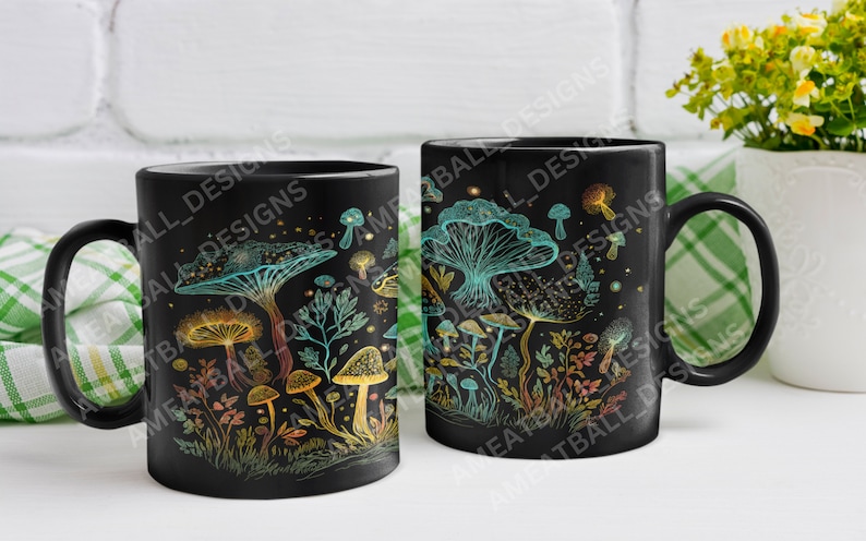 May include: Two black ceramic mugs with a design of colorful mushrooms and glowing stars on a black background.