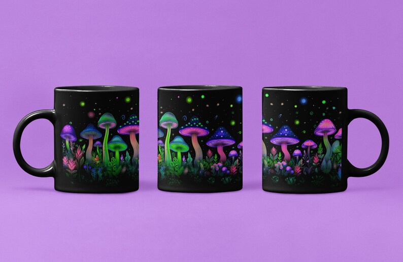 May include: Three black mugs with a design of glowing mushrooms and flowers on a black background. The mugs are arranged in a row, with the leftmost mug facing the viewer, the middle mug facing the viewer, and the rightmost mug facing the viewer.